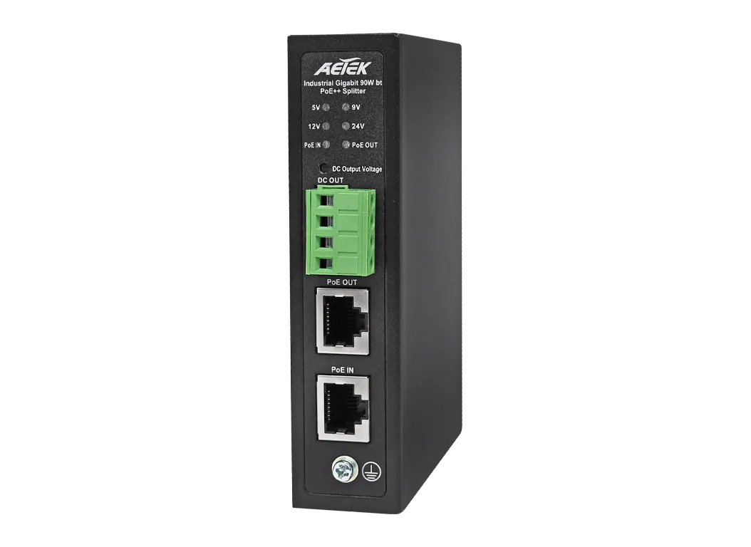 Industrial 1-Port Gigabit bt PoE++ Splitter with 5/9/12/24V DC Output, PoE PD Input