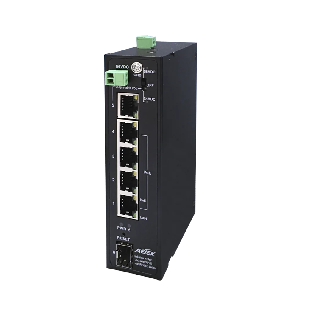 Industrial 4-Port PoE+ Switch with Adjustable 24V/56VDC Passive PoE
