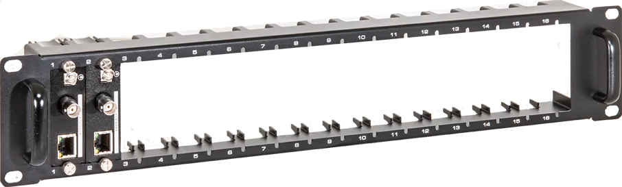 19" 2HE Träger für max. 16 UP-EXT-Sender oder Empfänger